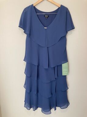 SLNY blue /gray Layered Chiffon V-Neck Dress Sz 14 NWT